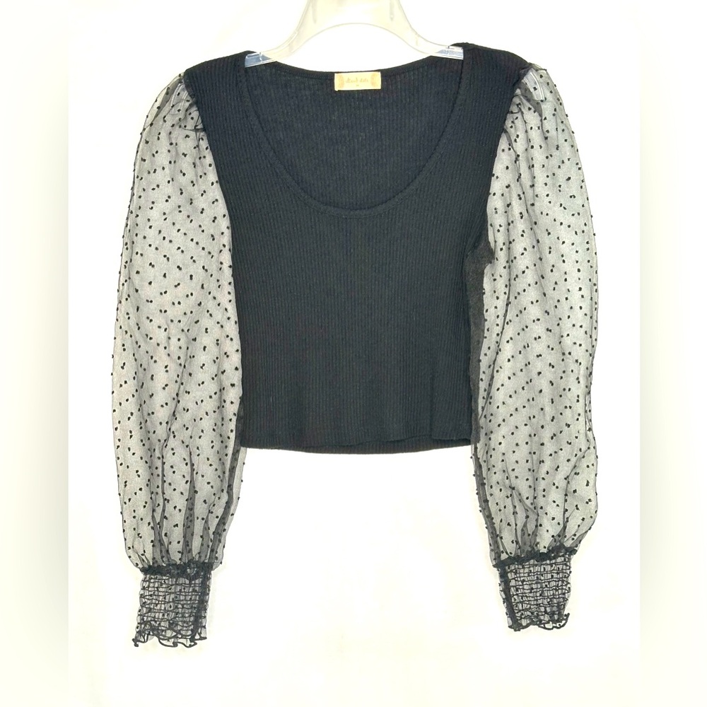 Altar'd State Black Crop Top Sheer Puff Sleeves Polka Dot Scoop Neck Twee SzM